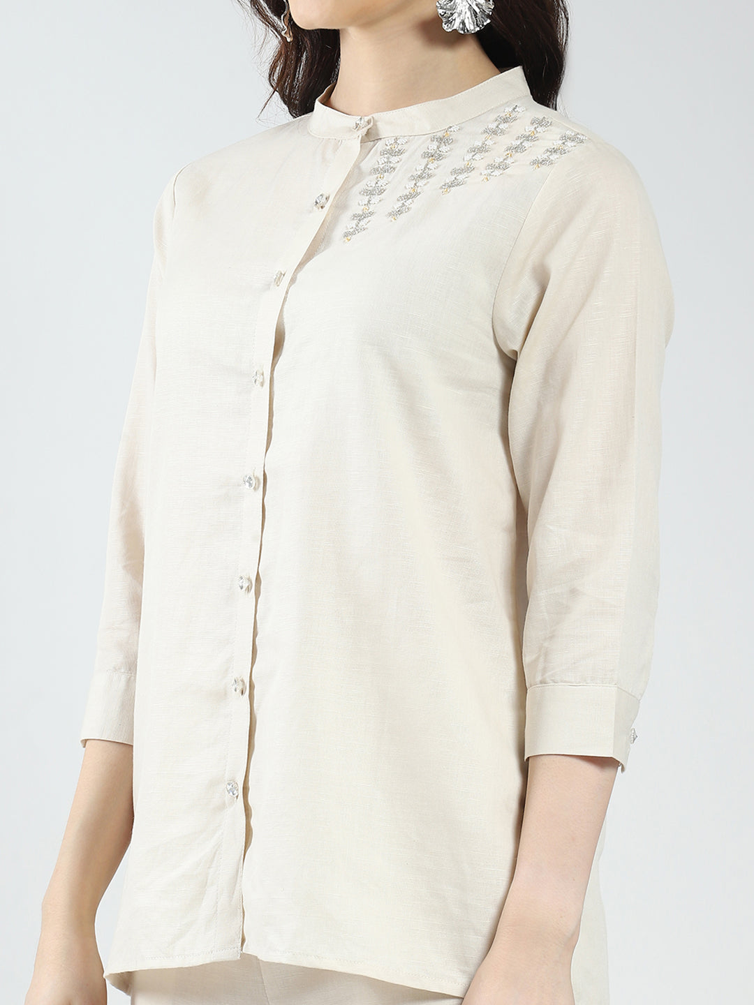 Women Beige Self Design Band Neck 3/4th Sleeve Cords Set