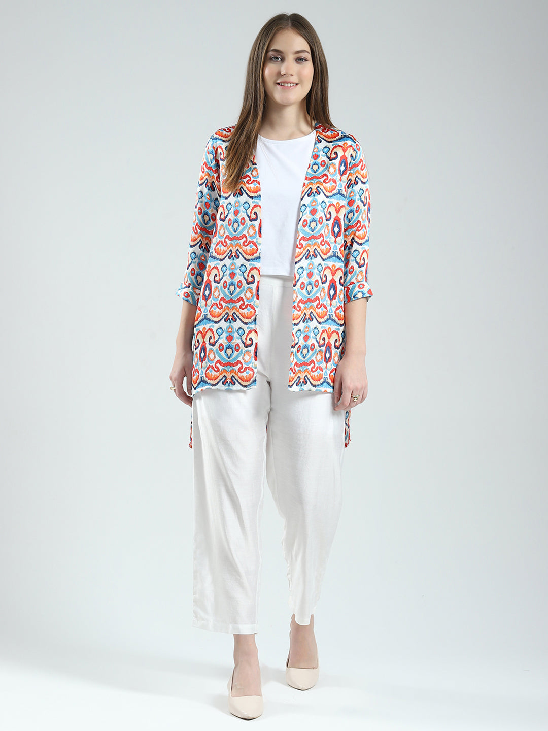 Women Off White Printed Round Neck Sleeveless 3 Pcs Cords Set