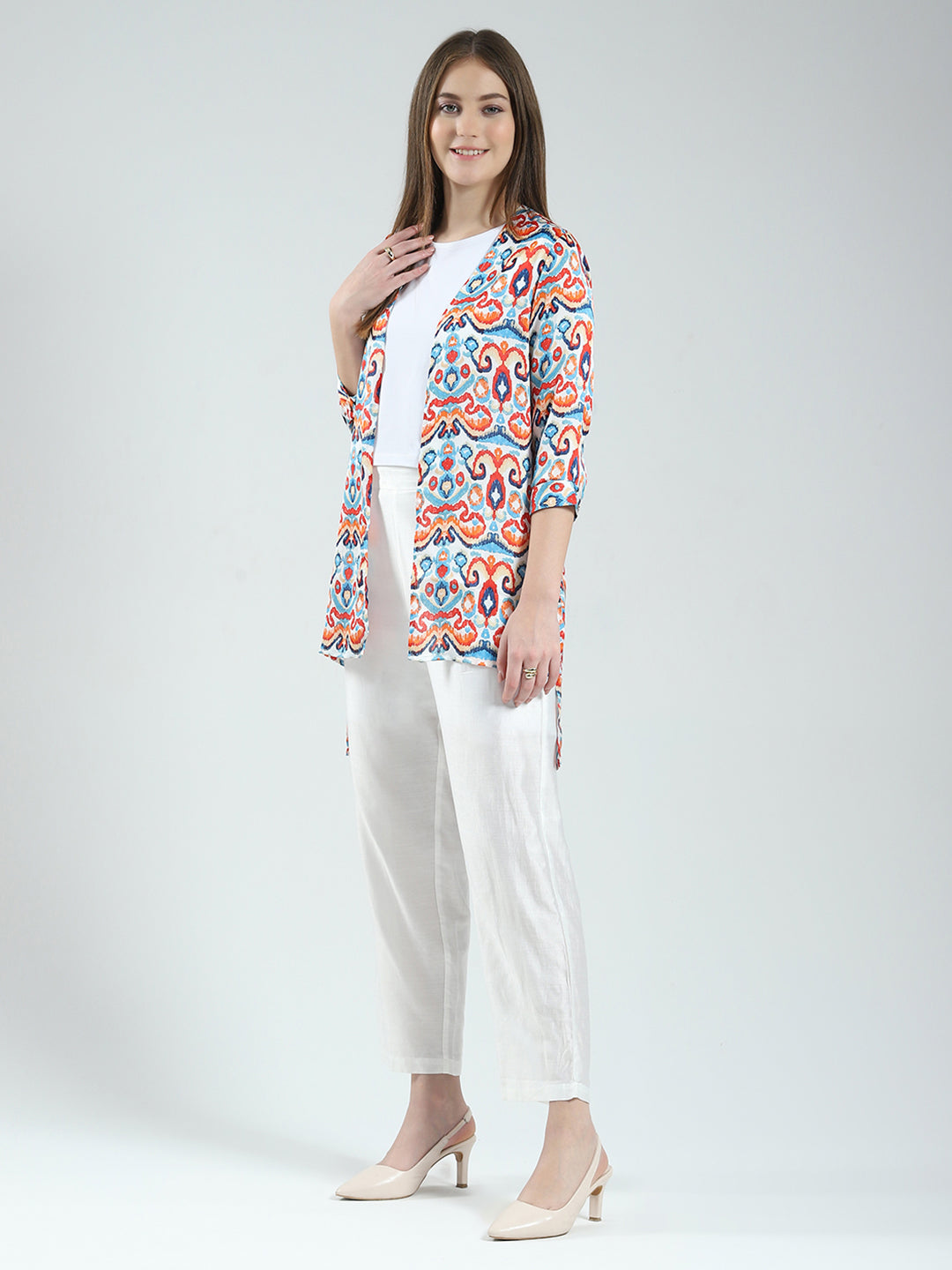 Women Off White Printed Round Neck Sleeveless 3 Pcs Cords Set