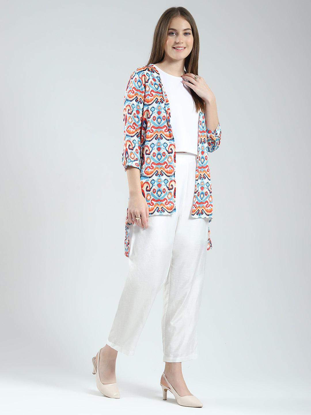 Women Off White Printed Round Neck Sleeveless 3 Pcs Cords Set