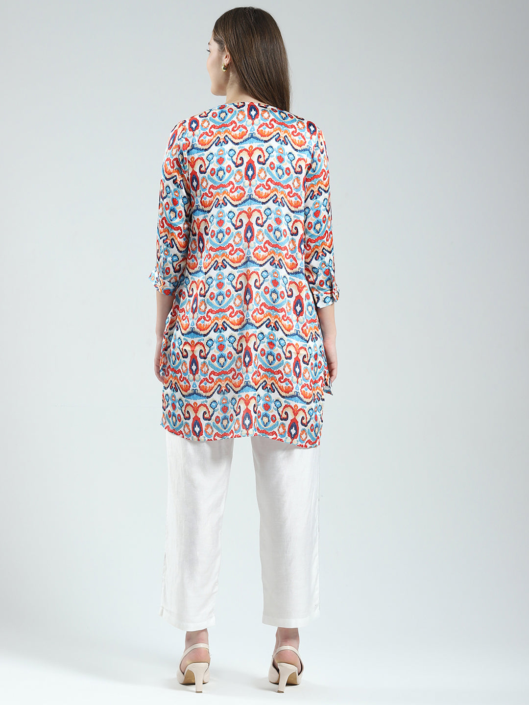 Women Off White Printed Round Neck Sleeveless 3 Pcs Cords Set