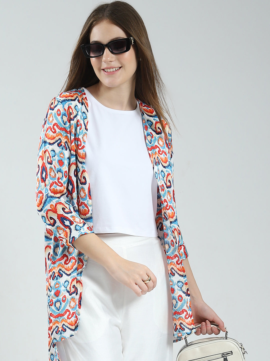 Women Off White Printed Round Neck Sleeveless 3 Pcs Cords Set