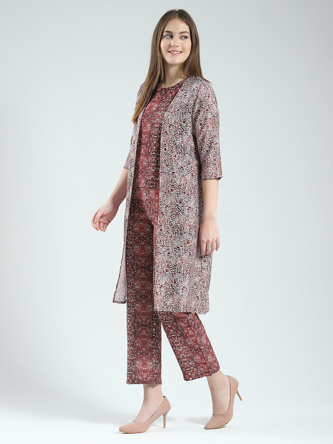 Women Maroon Printed Round Neck Sleeveless 3 Pcs Cords Set