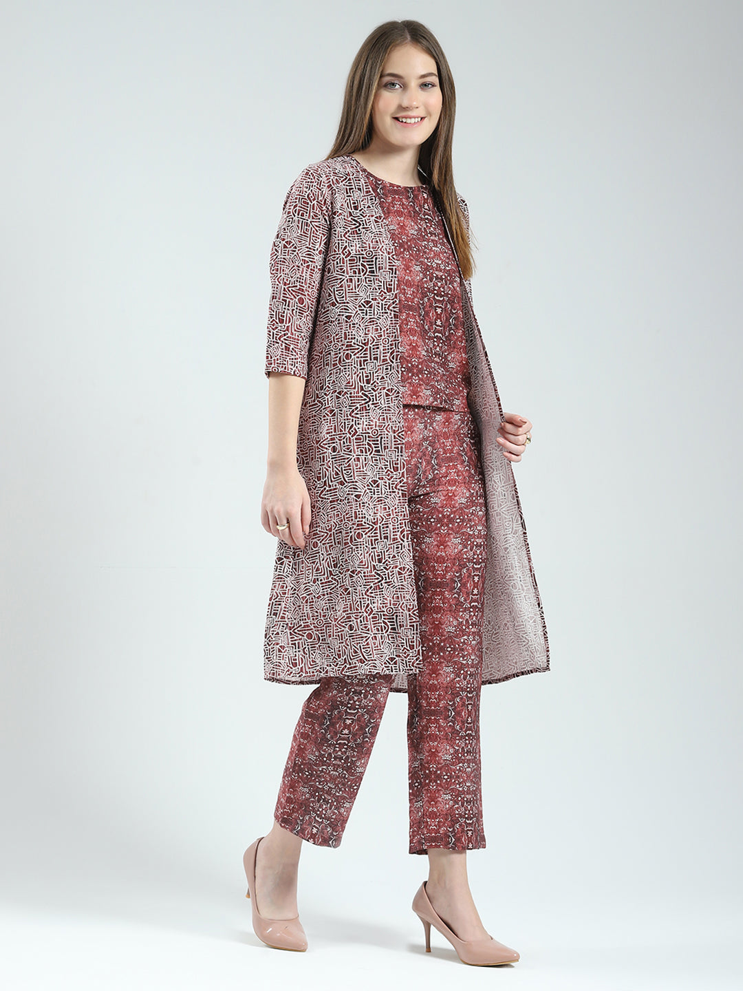 Women Maroon Printed Round Neck Sleeveless 3 Pcs Cords Set