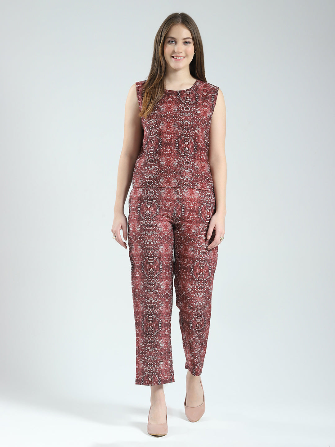 Women Maroon Printed Round Neck Sleeveless 3 Pcs Cords Set