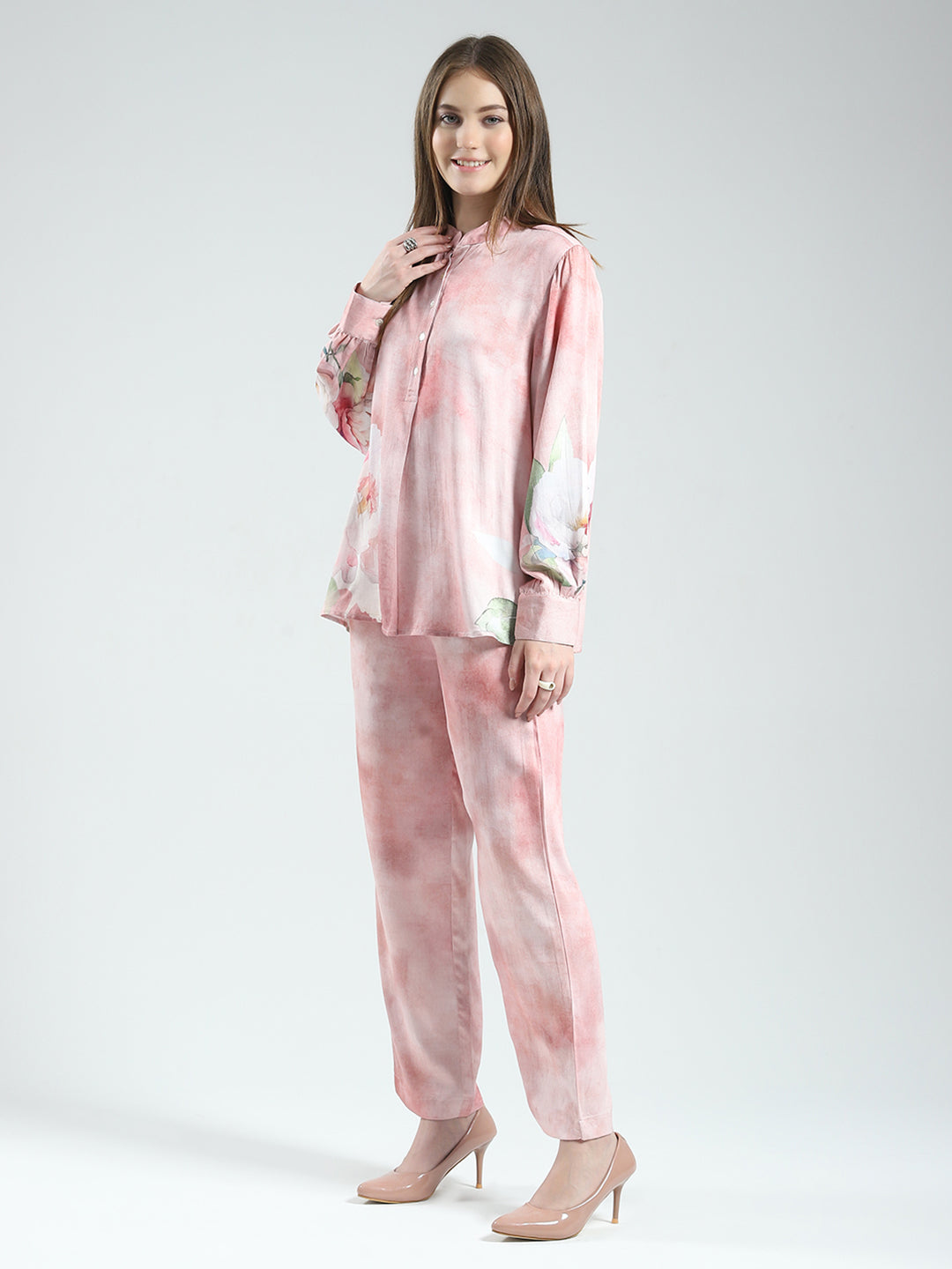 Women Pink Printed Band Neck Full Sleeve Cords Set