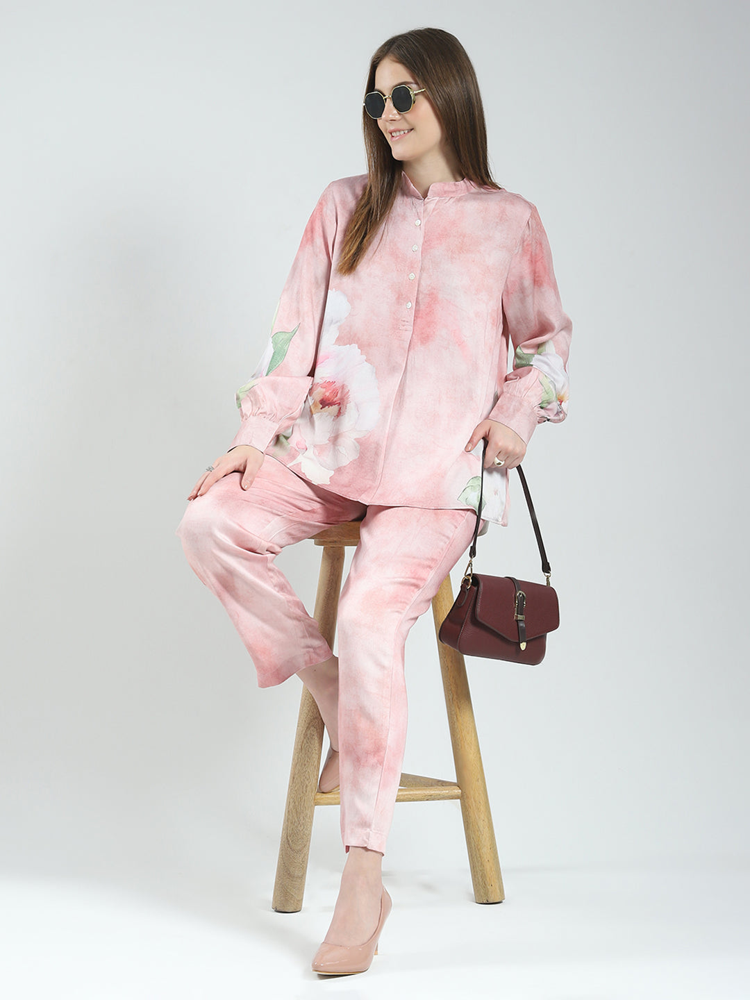Women Pink Printed Band Neck Full Sleeve Cords Set