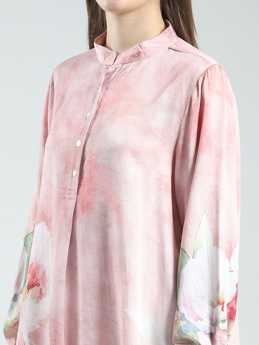 Women Pink Printed Band Neck Full Sleeve Cords Set