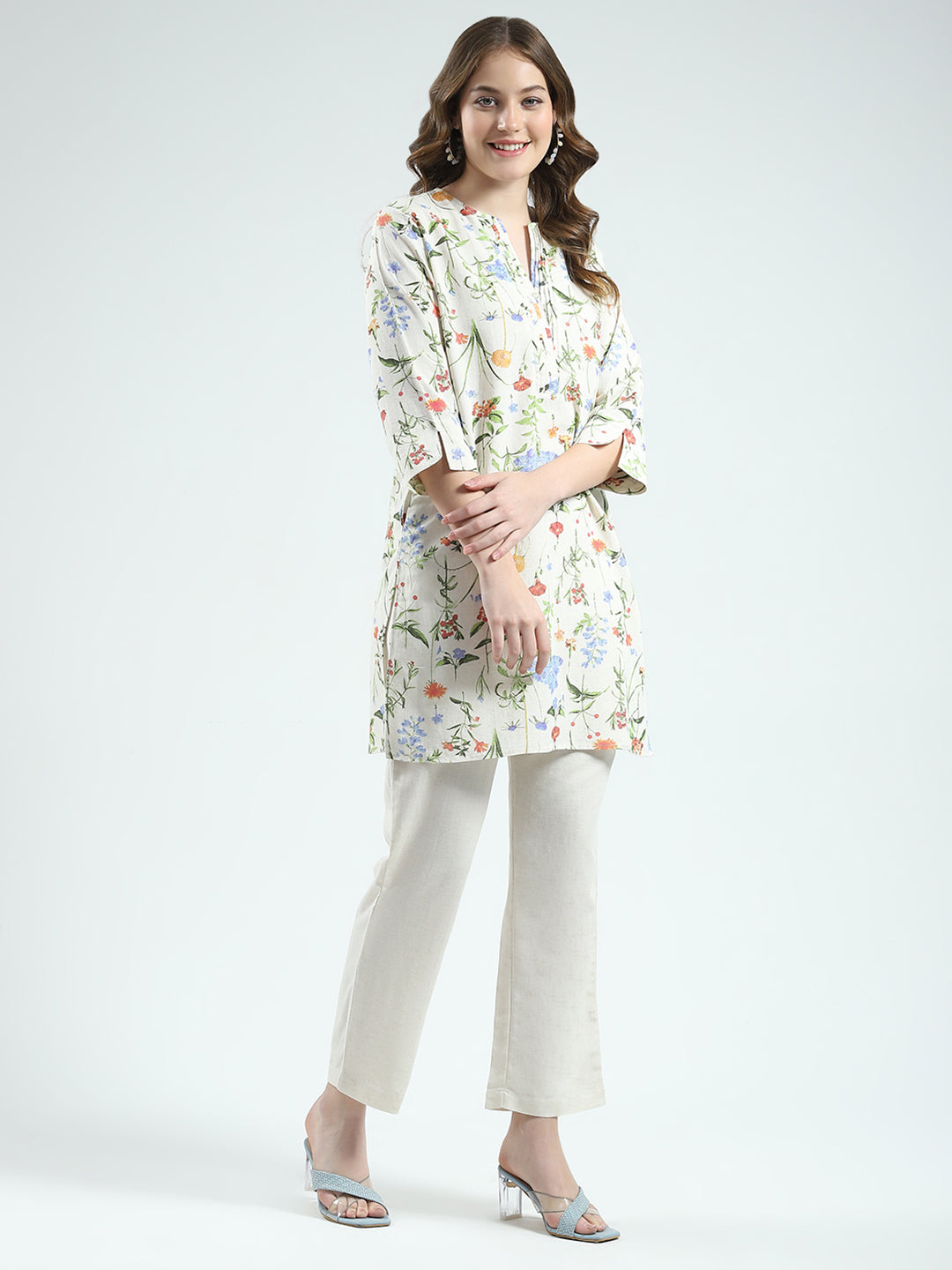 Women Beige Printed Round Neck Full Sleeve Cords Set