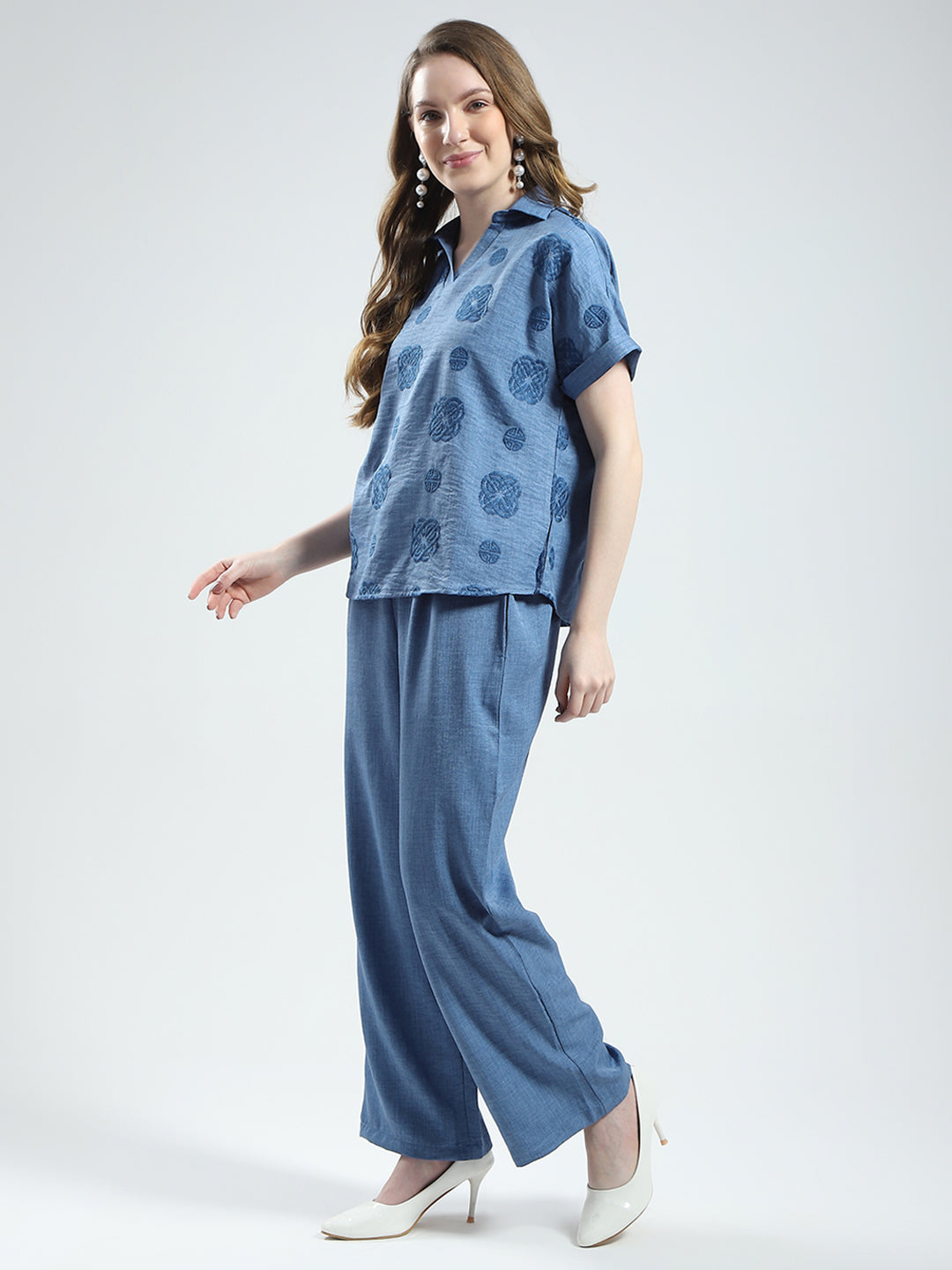 Women Blue Embroidered Collar Half Sleeve Cords Set