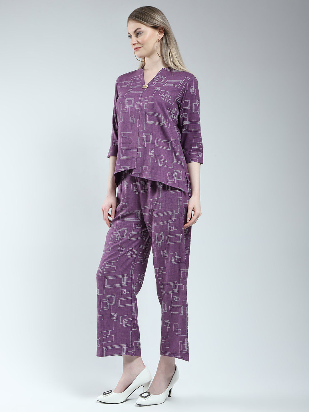 Women Purple Printed Round Neck 3/4th Sleeve Cords Set
