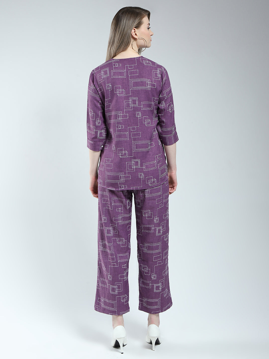 Women Purple Printed Round Neck 3/4th Sleeve Cords Set