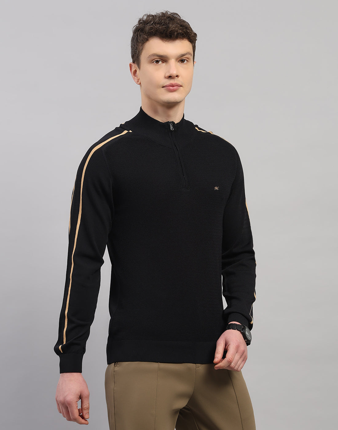 Men Black Self Design Collar Full Sleeve Winter T-Shirt