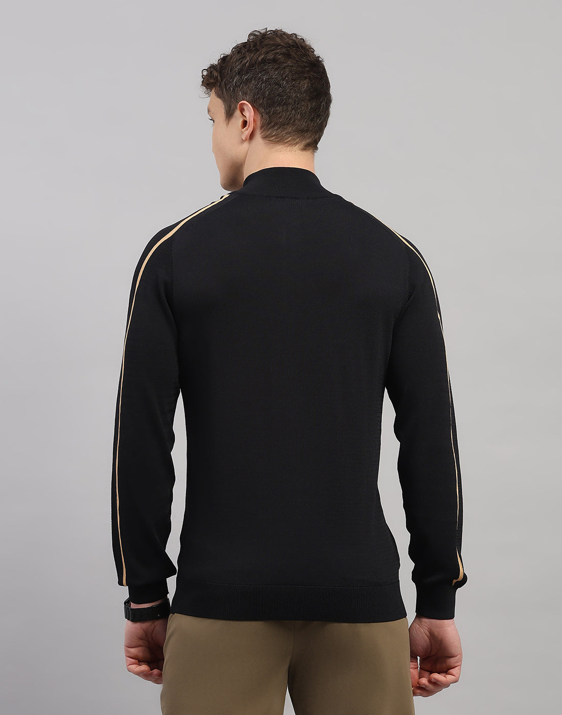 Men Black Self Design Collar Full Sleeve Winter T-Shirt