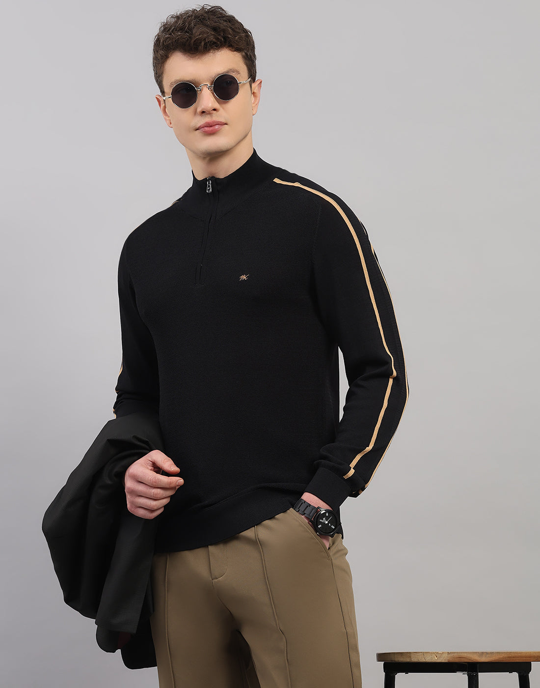 Men Black Self Design Collar Full Sleeve Winter T-Shirt
