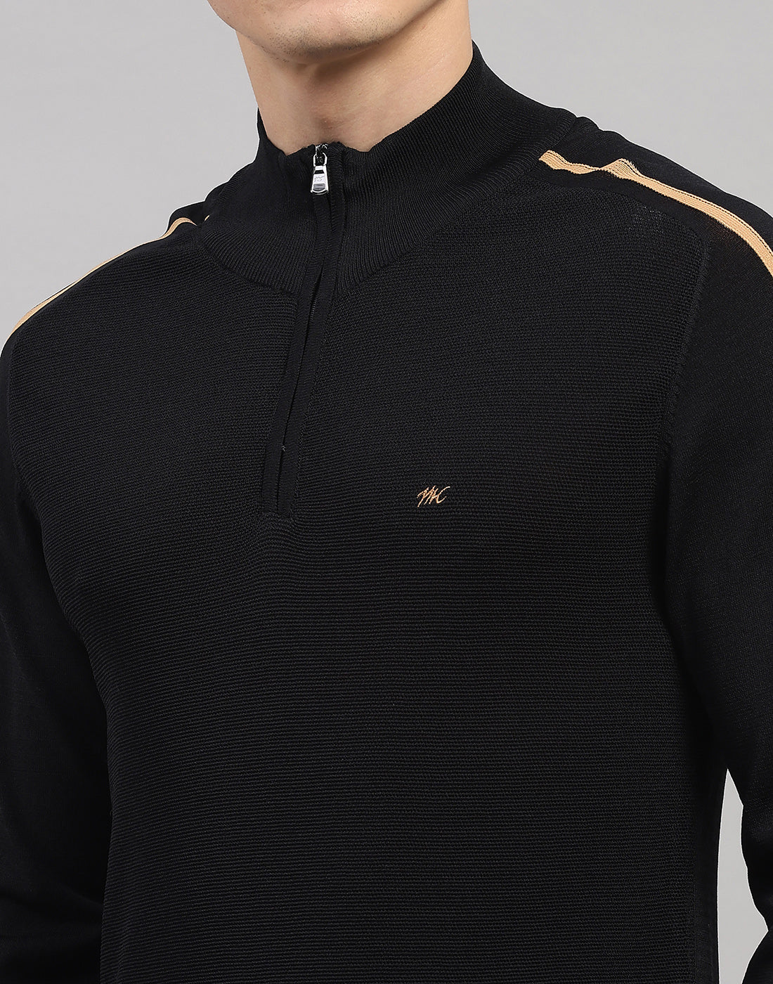 Men Black Self Design Collar Full Sleeve Winter T-Shirt
