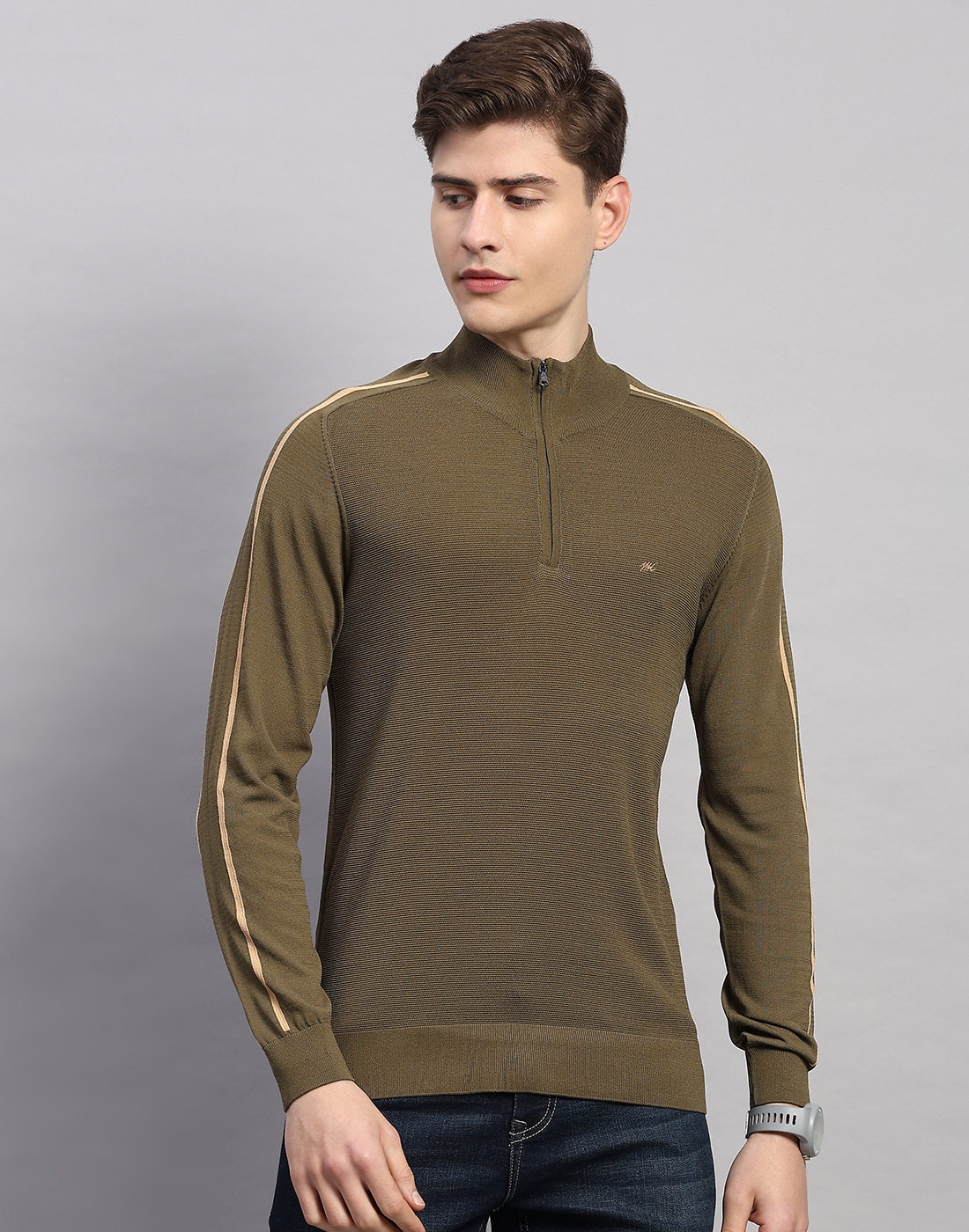 Men Olive Self Design Collar Full Sleeve Winter T-Shirt