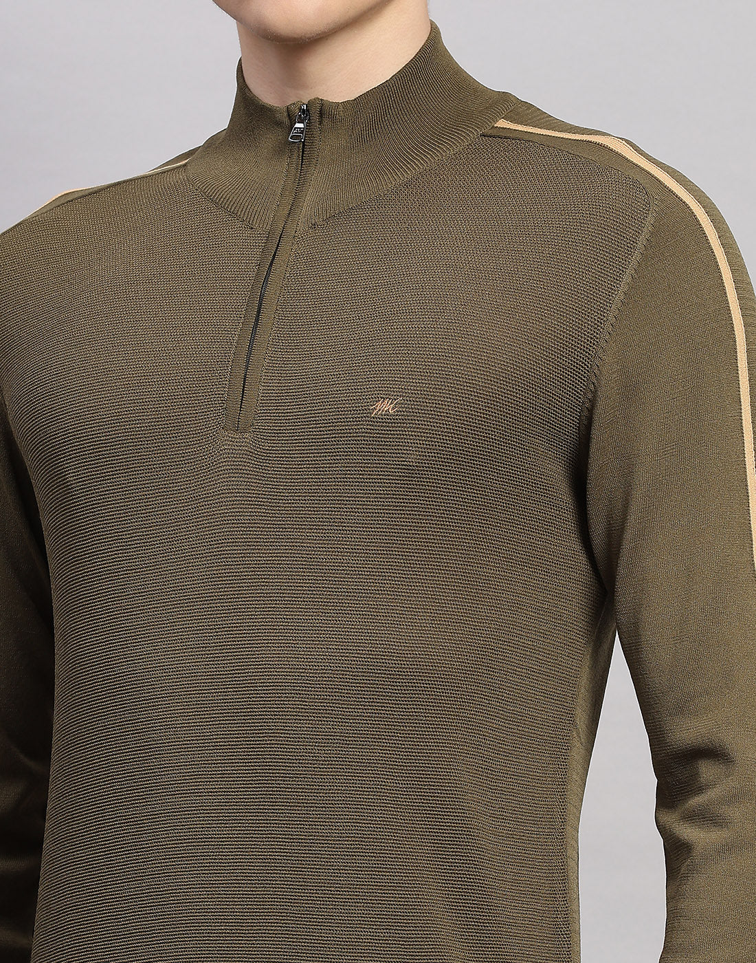 Men Olive Self Design Collar Full Sleeve Winter T-Shirt