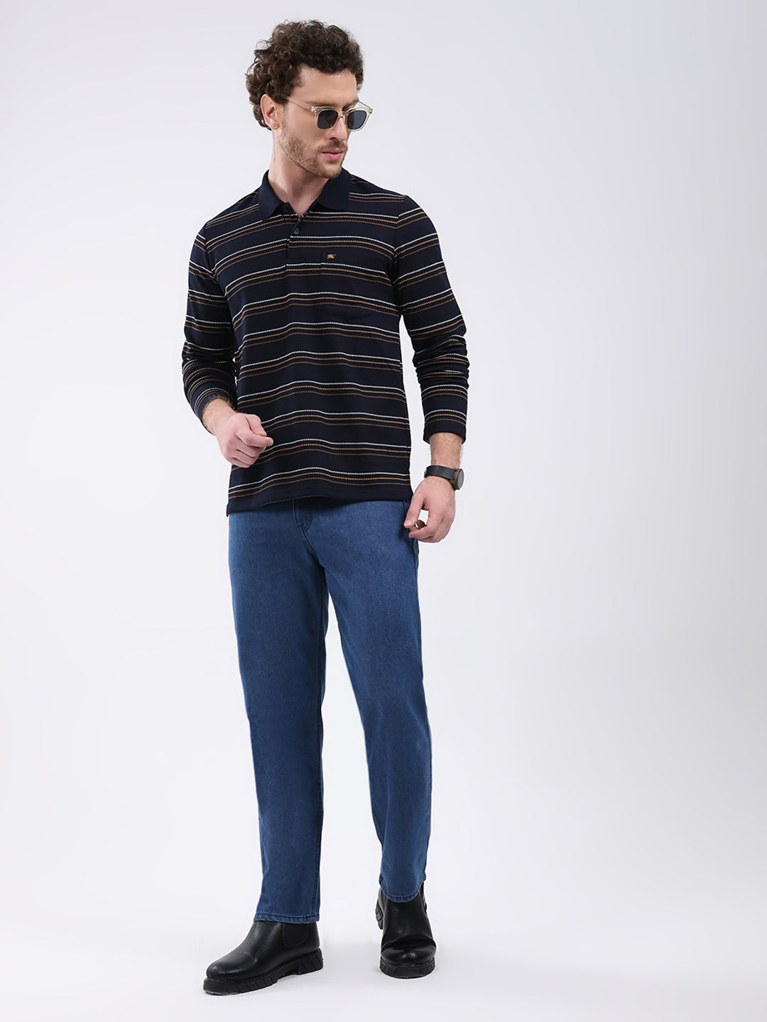 Men Navy Blue Stripe Collar Full Sleeve Winter T-Shirt
