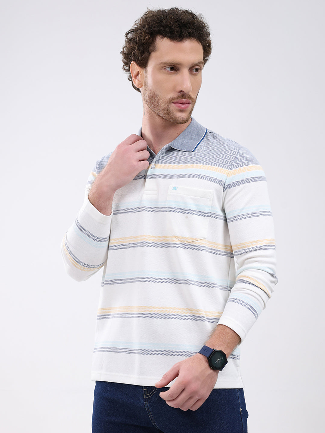 Men White Stripe Collar Full Sleeve Winter T-Shirt