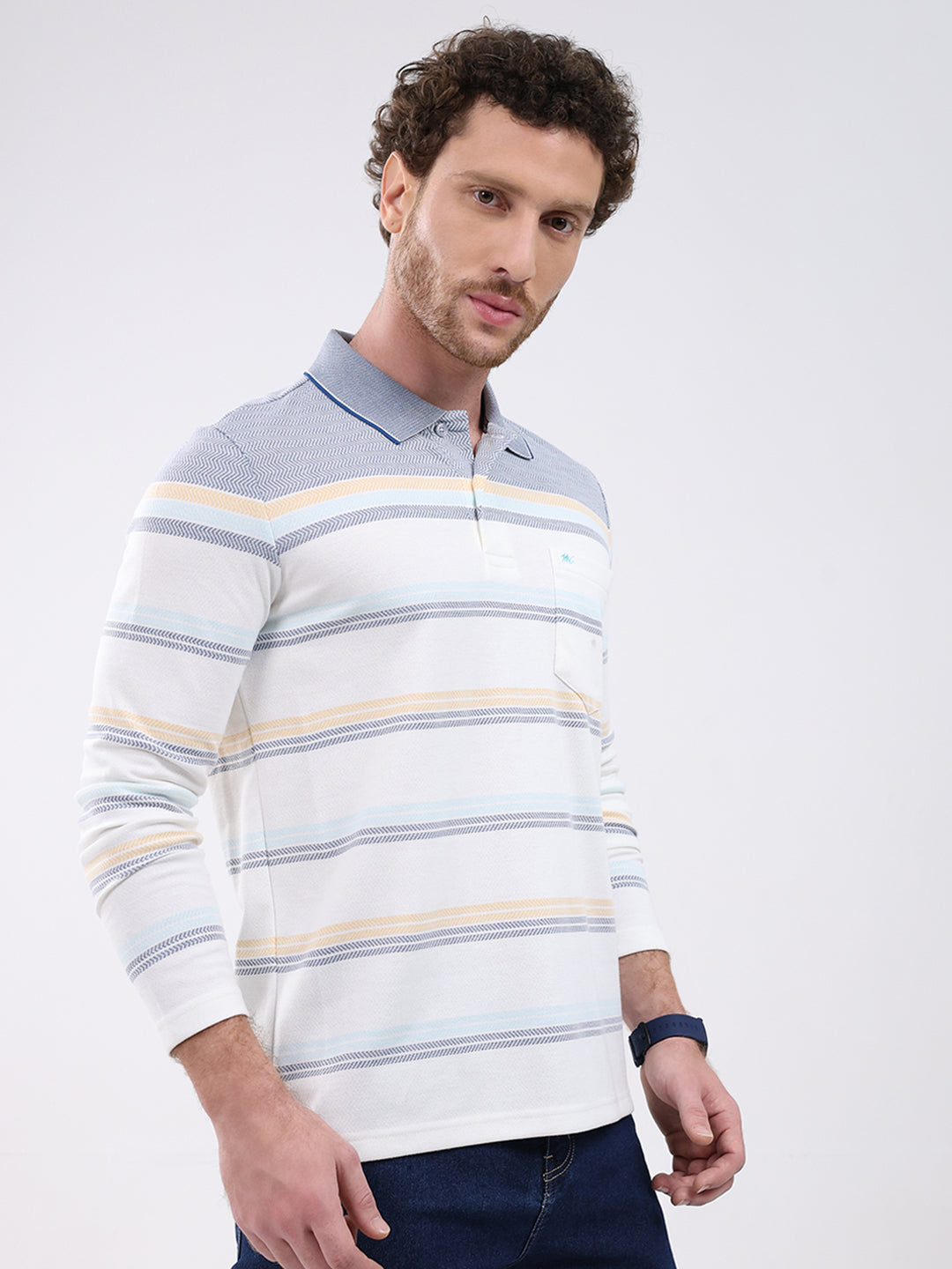 Men White Stripe Collar Full Sleeve Winter T-Shirt
