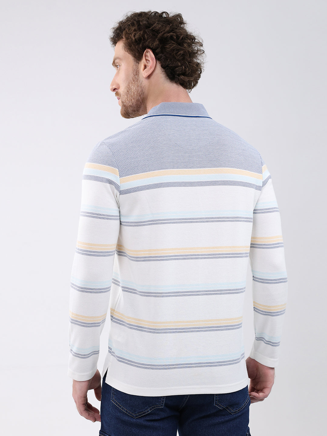 Men White Stripe Collar Full Sleeve Winter T-Shirt