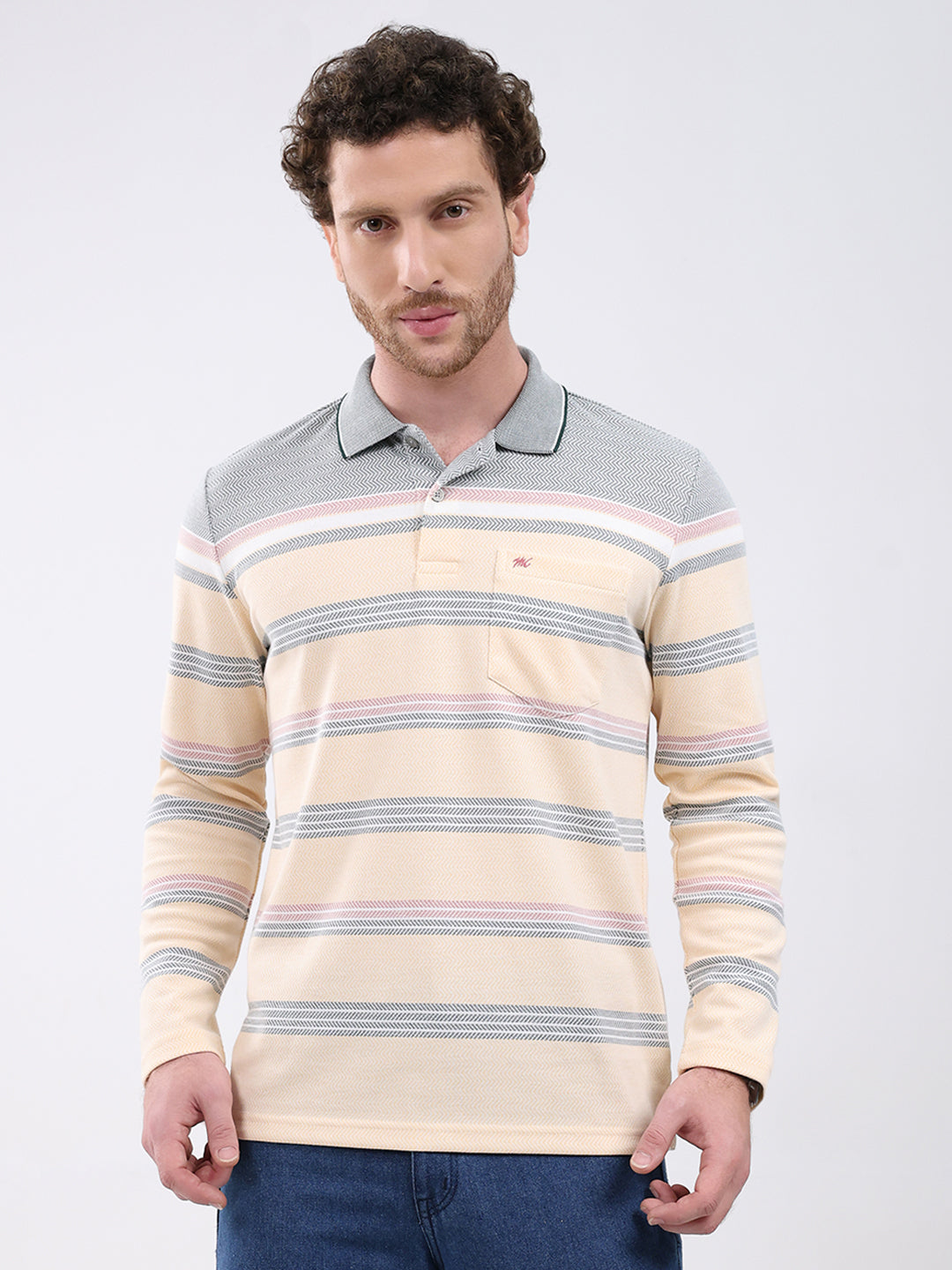 Men Peach Stripe Collar Full Sleeve Winter T-Shirt