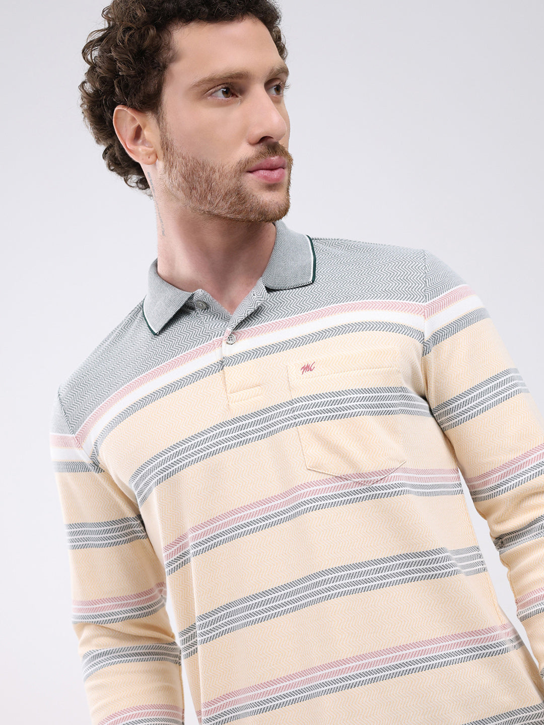 Men Peach Stripe Collar Full Sleeve Winter T-Shirt