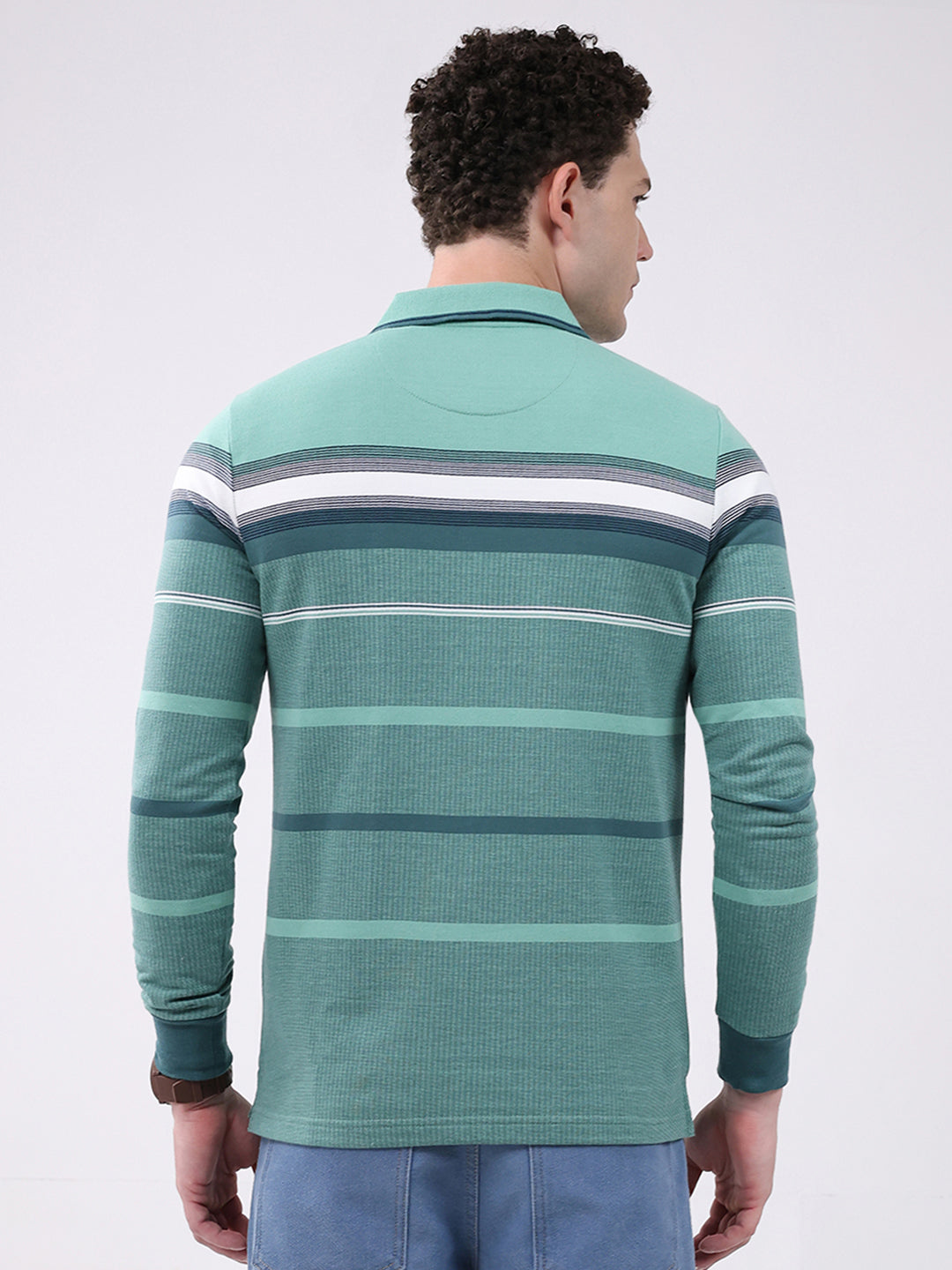 Men Green Stripe Collar Full Sleeve Winter T-Shirt