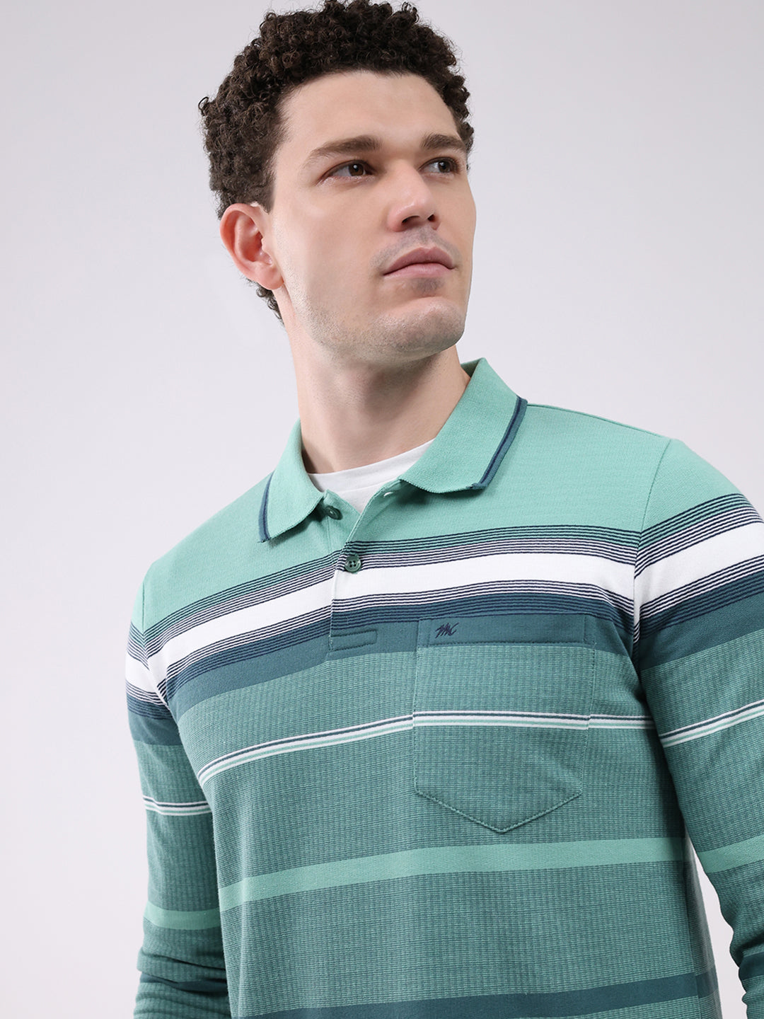 Men Green Stripe Collar Full Sleeve Winter T-Shirt