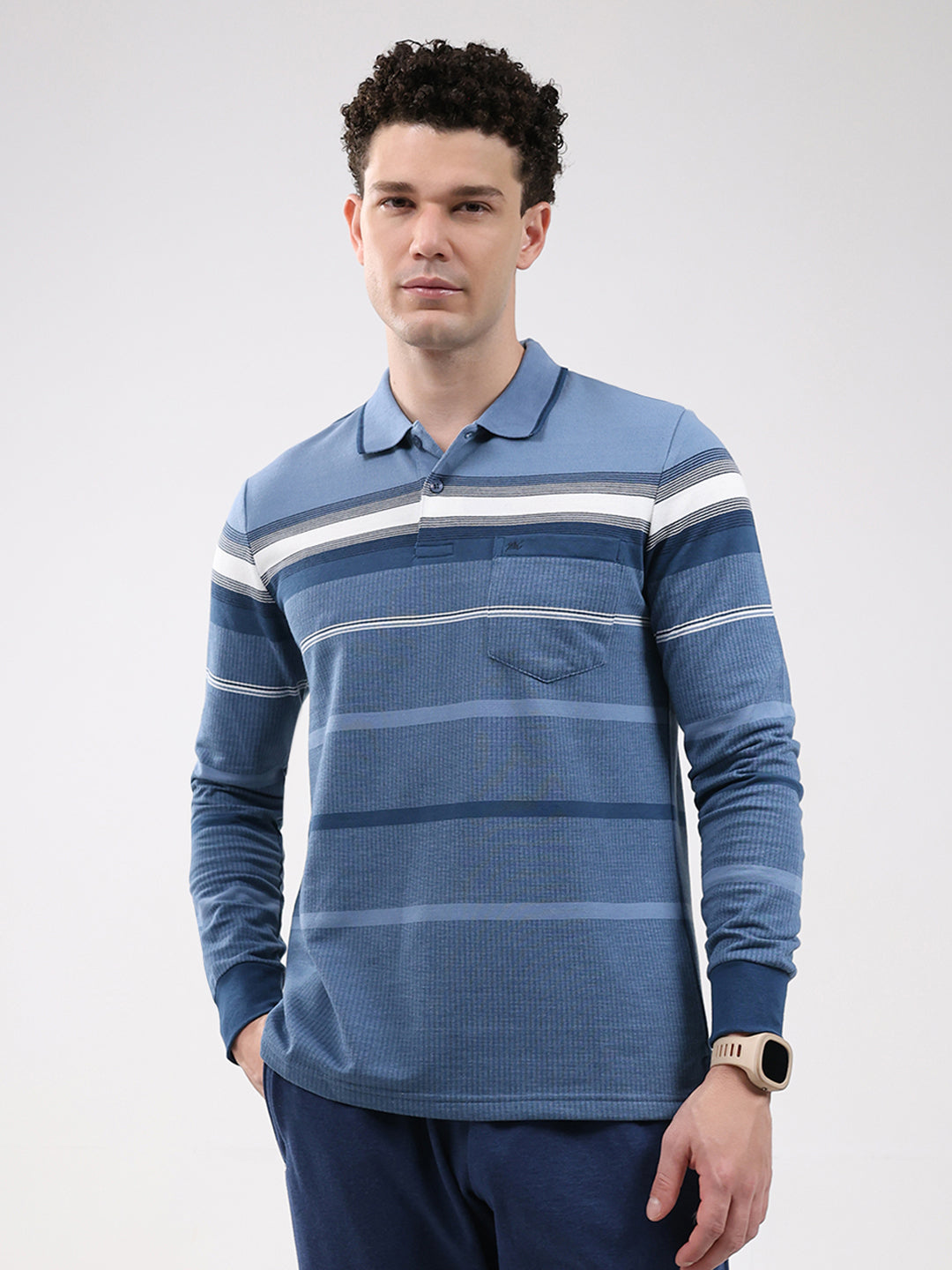 Men Blue Stripe Collar Full Sleeve Winter T-Shirt