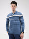 Men Blue Stripe Collar Full Sleeve Winter T-Shirt