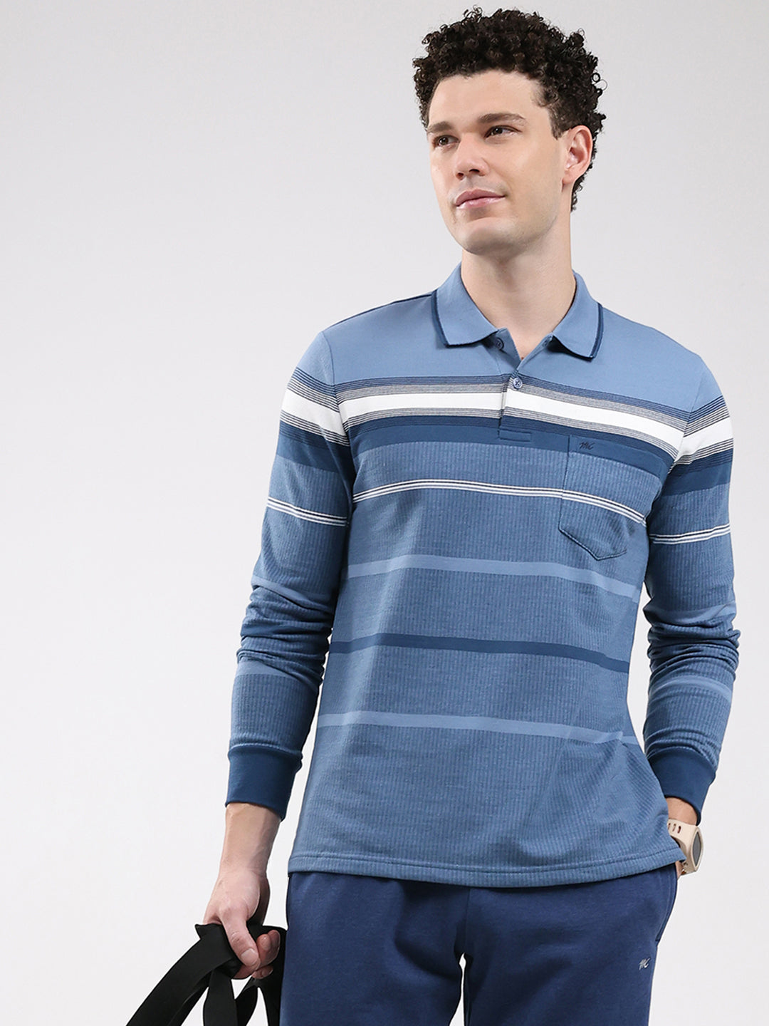 Men Blue Stripe Collar Full Sleeve Winter T-Shirt