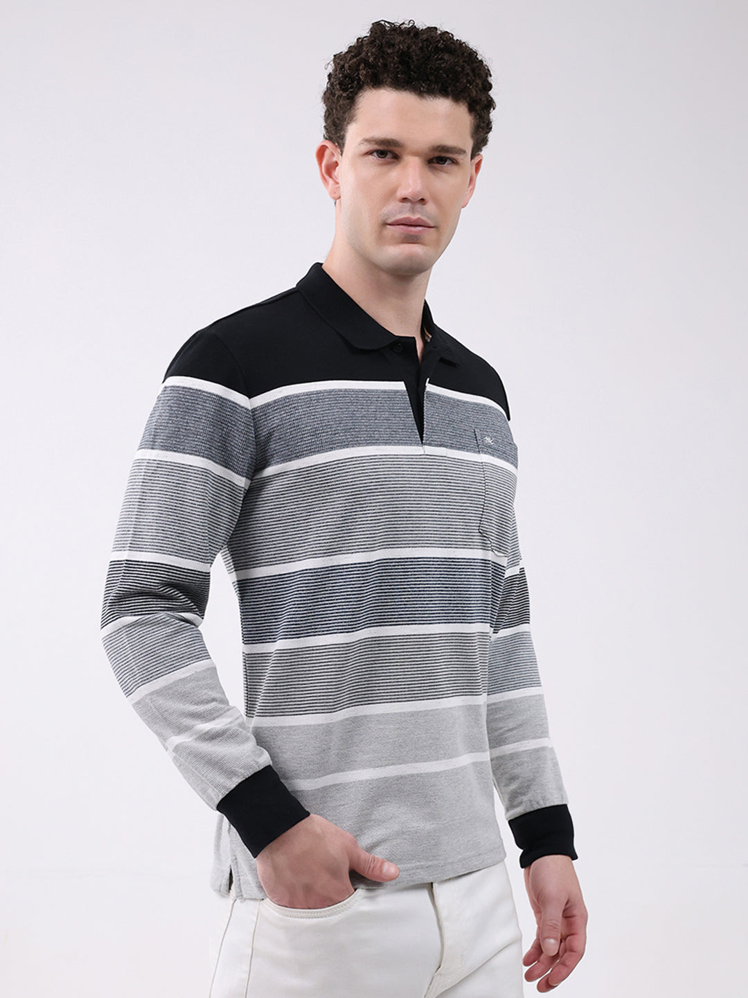 Men Grey Stripe Collar Full Sleeve Winter T-Shirt
