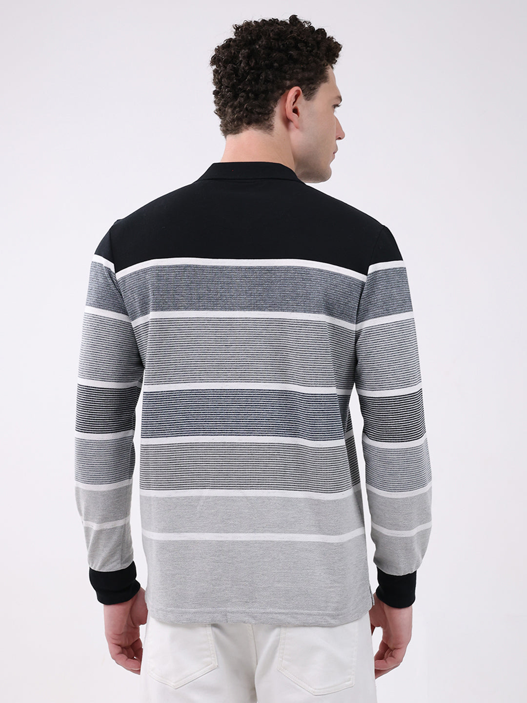 Men Grey Stripe Collar Full Sleeve Winter T-Shirt