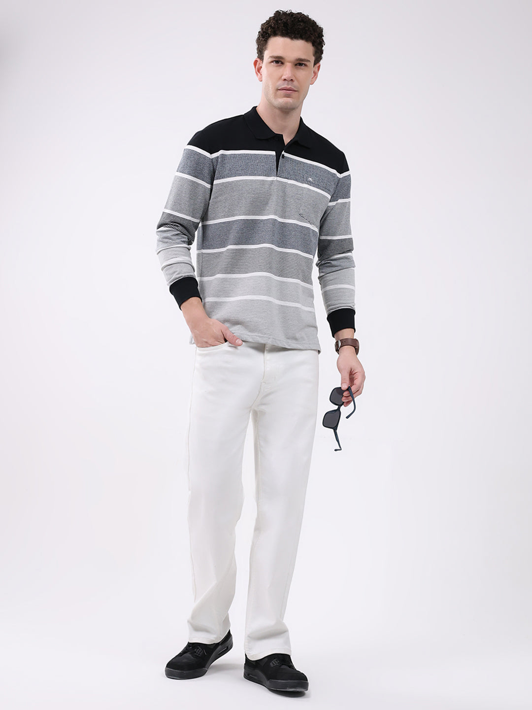 Men Grey Stripe Collar Full Sleeve Winter T-Shirt