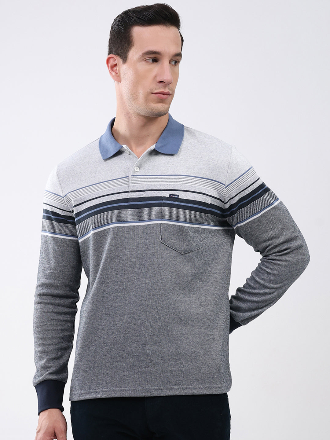 Men Grey Stripe Collar Full Sleeve Winter T-Shirt
