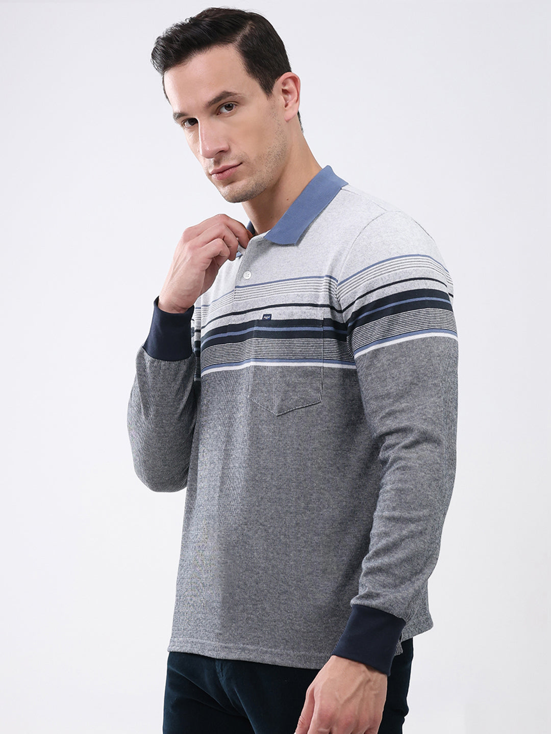 Men Grey Stripe Collar Full Sleeve Winter T-Shirt