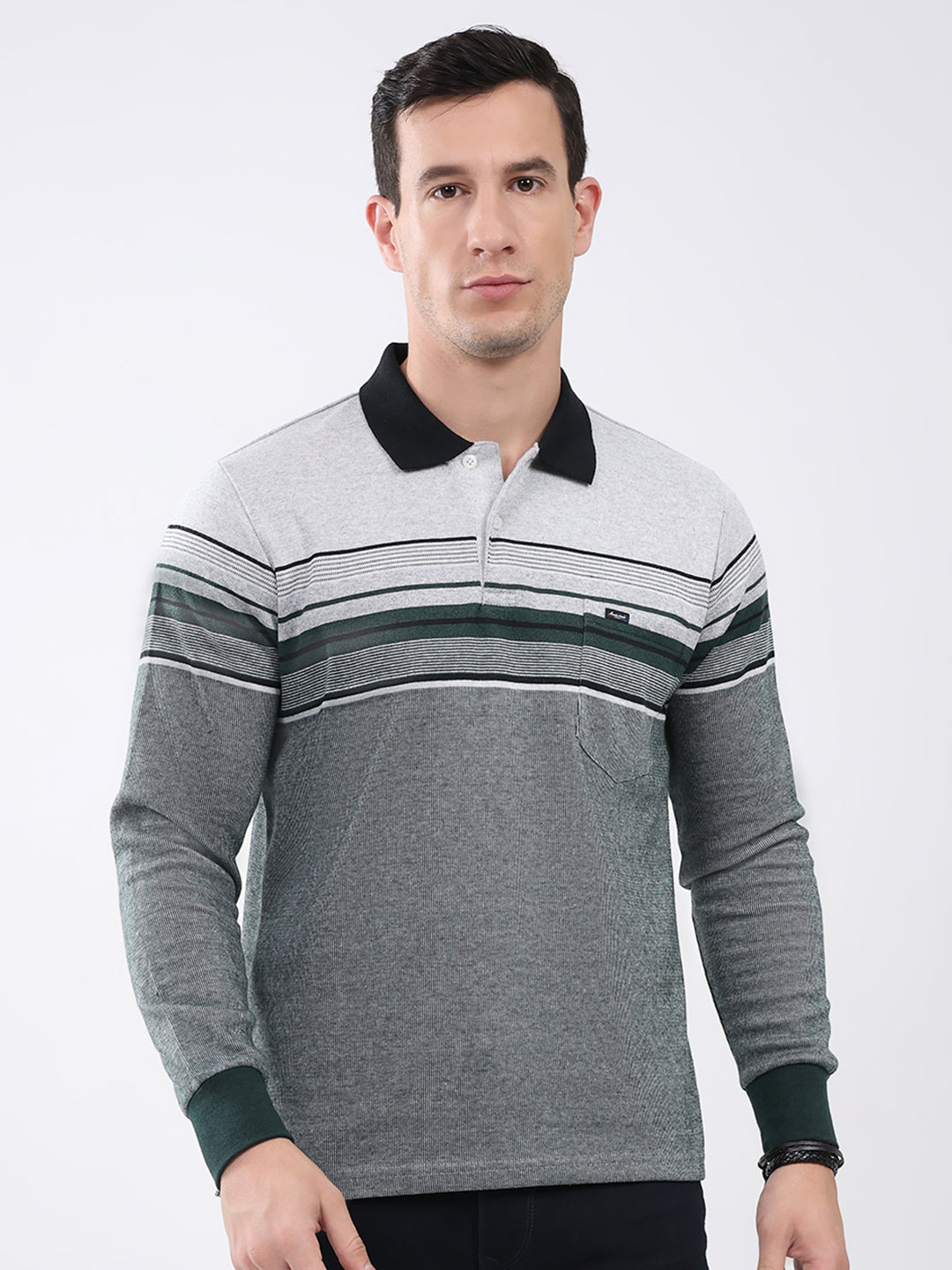 Men Green Stripe Collar Full Sleeve Winter T-Shirt