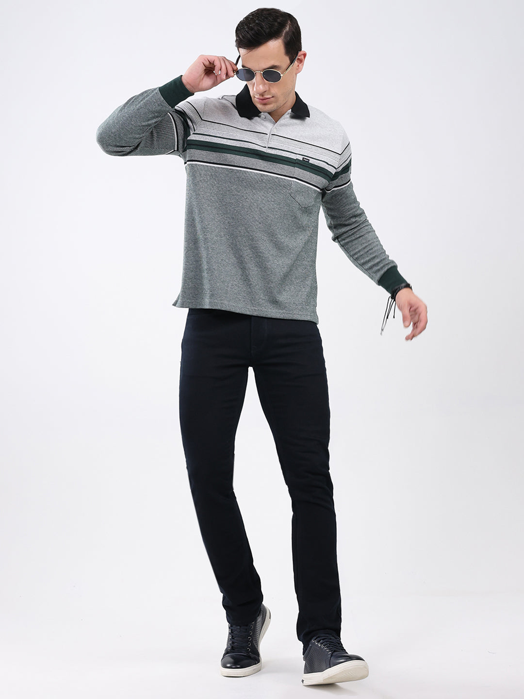 Men Green Stripe Collar Full Sleeve Winter T-Shirt