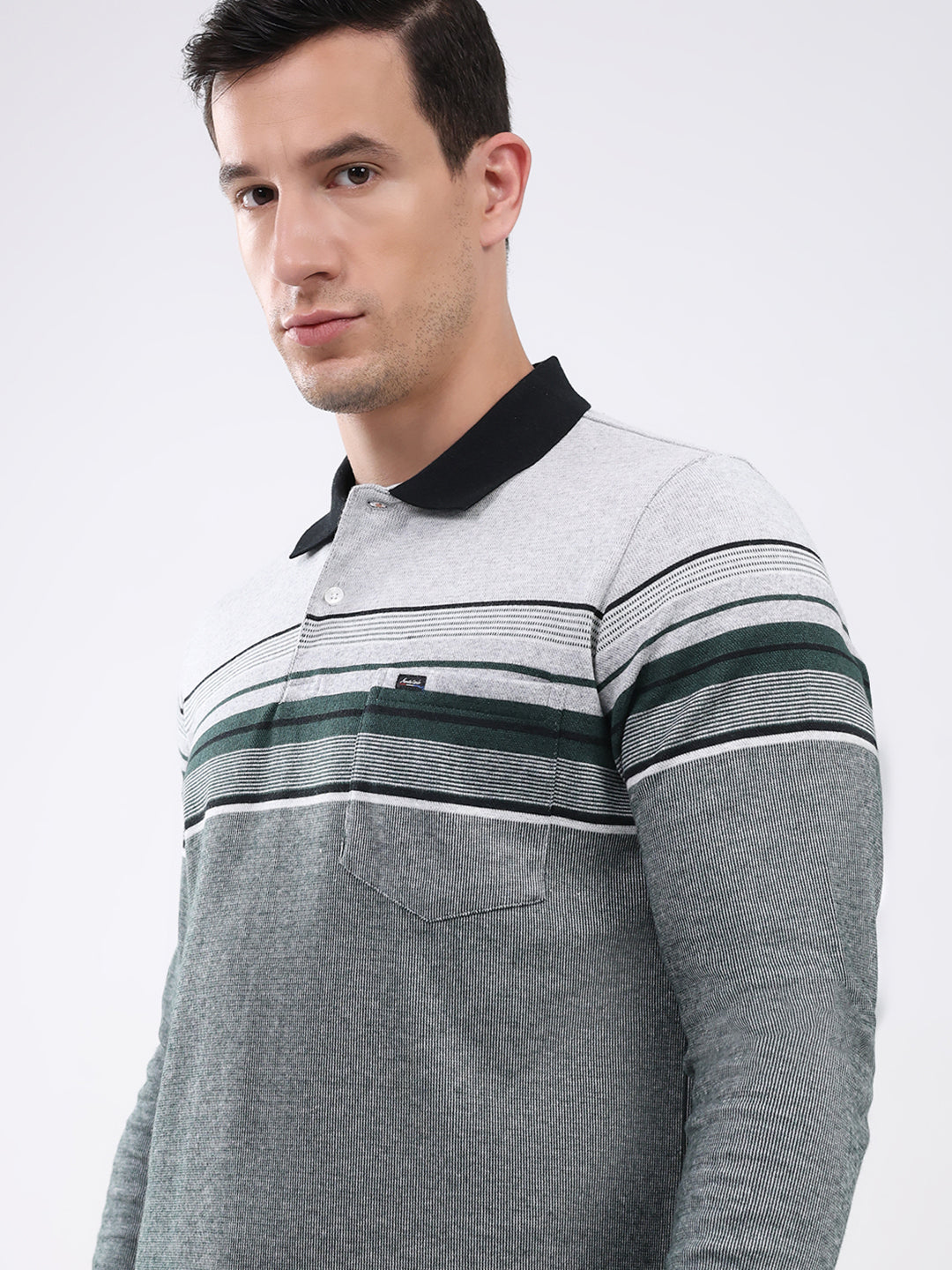 Men Green Stripe Collar Full Sleeve Winter T-Shirt