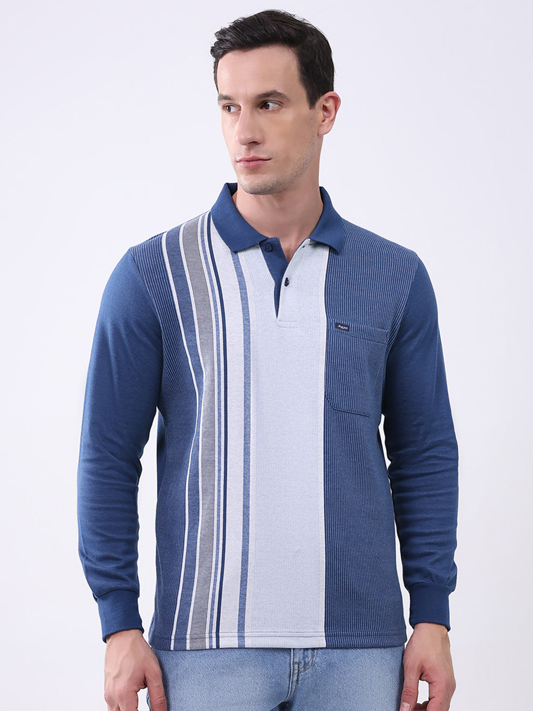 Men Blue Stripe Collar Full Sleeve Winter T-Shirt