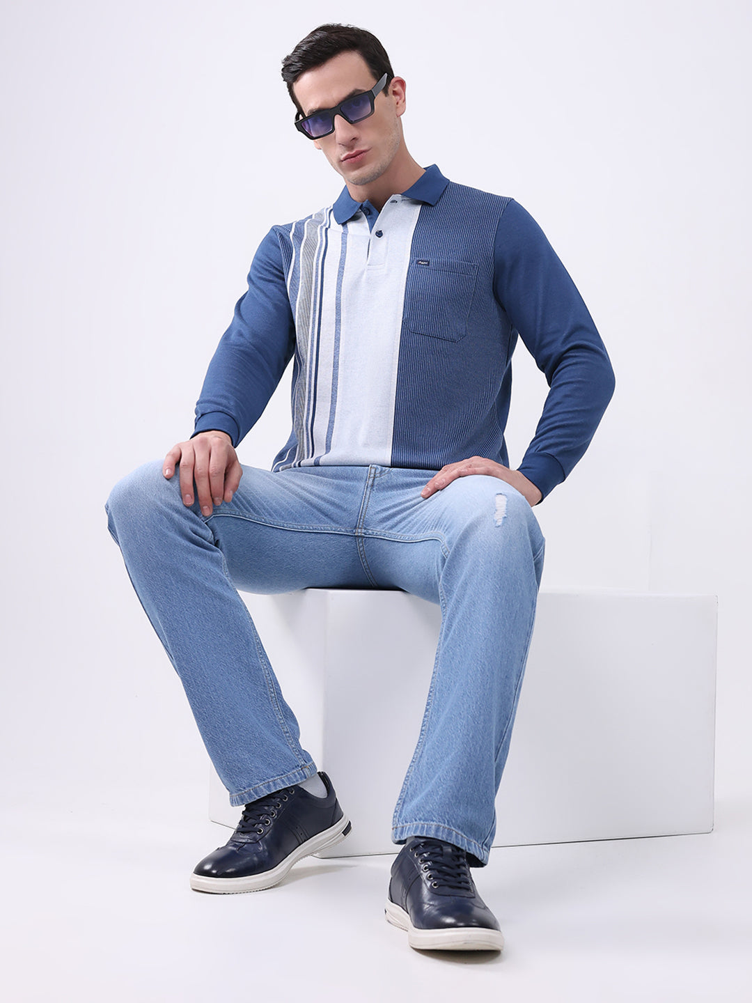Men Blue Stripe Collar Full Sleeve Winter T-Shirt