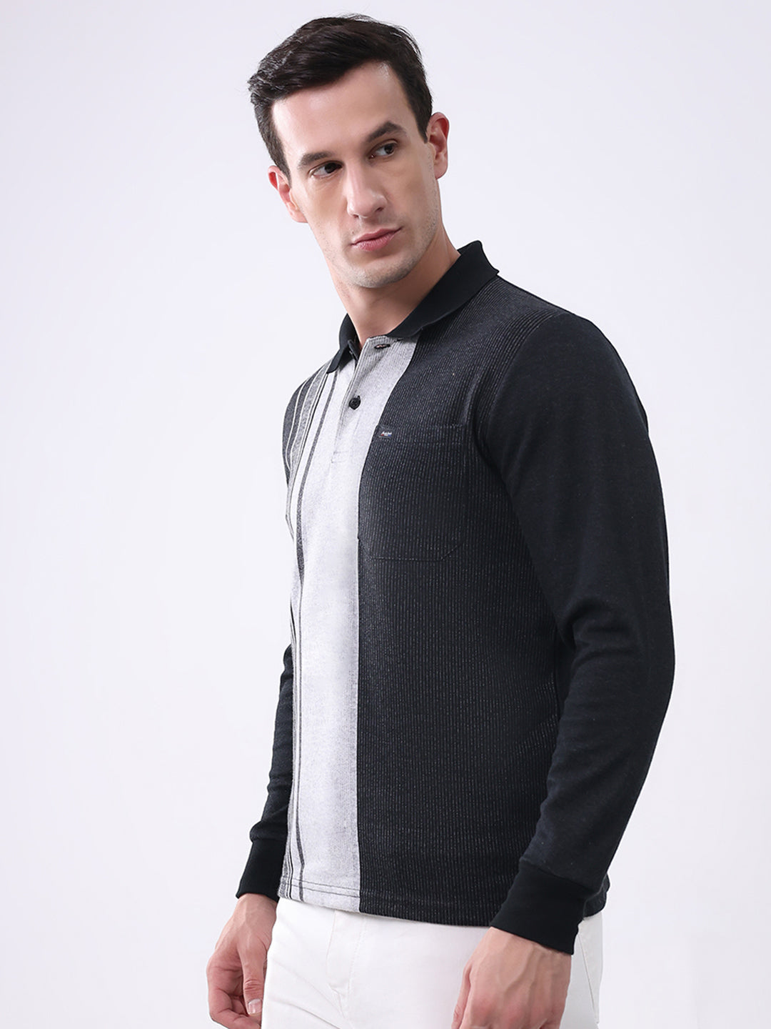 Men Black Stripe Collar Full Sleeve Winter T-Shirt