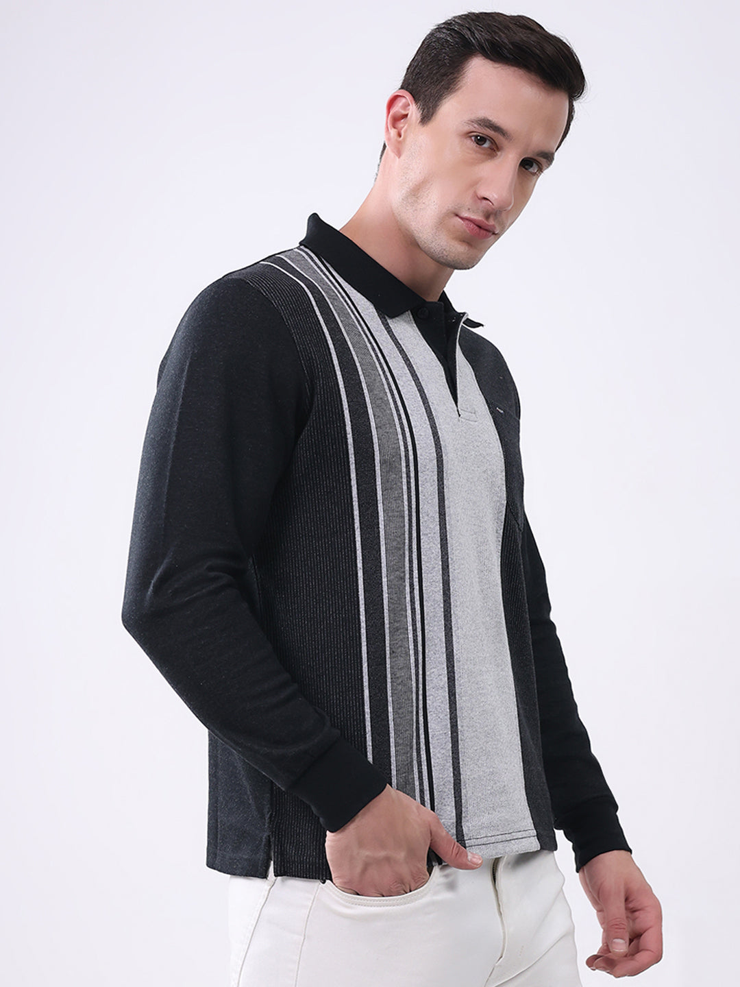 Men Black Stripe Collar Full Sleeve Winter T-Shirt