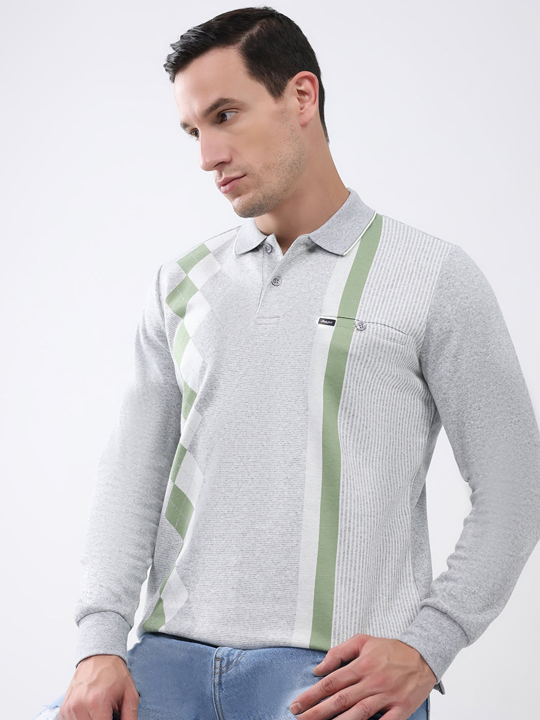 Men Grey Abstract Collar Full Sleeve Winter T-Shirt