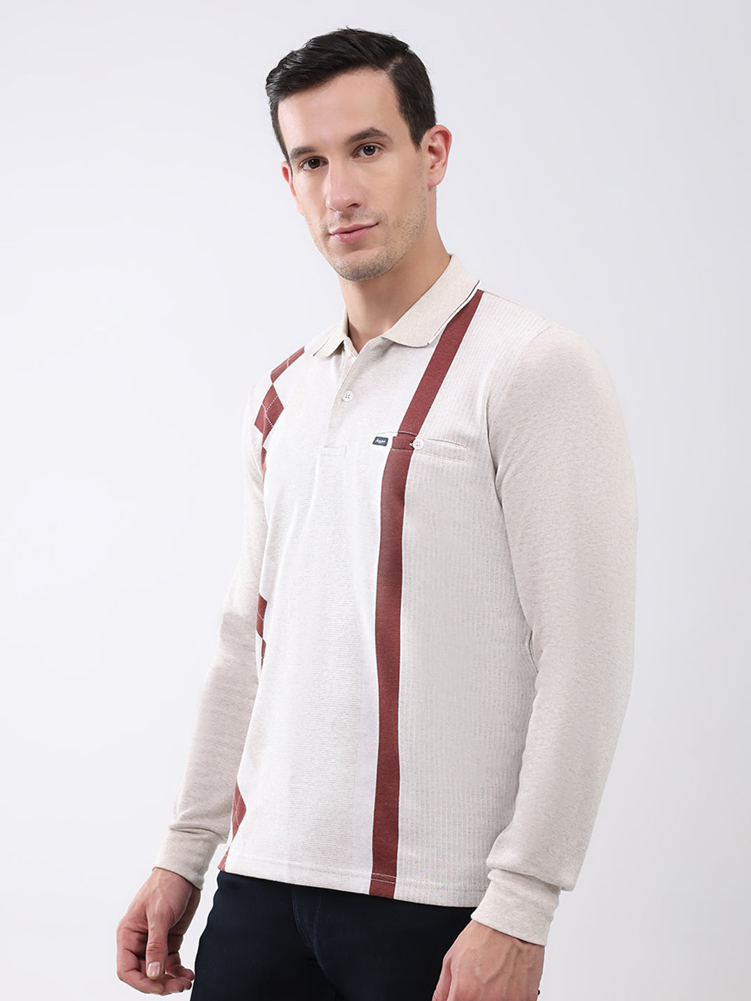 Men Beige Abstract Collar Full Sleeve Winter T-Shirt