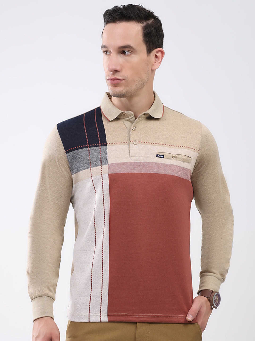 Men Khaki Abstract Collar Full Sleeve Winter T-Shirt