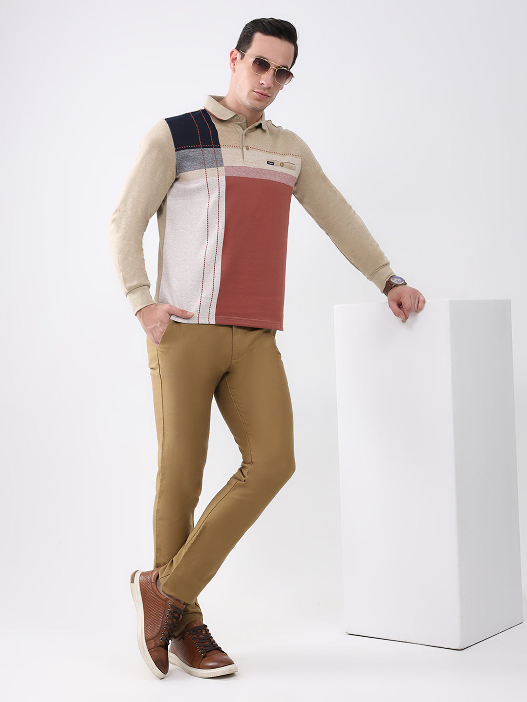 Men Khaki Abstract Collar Full Sleeve Winter T-Shirt