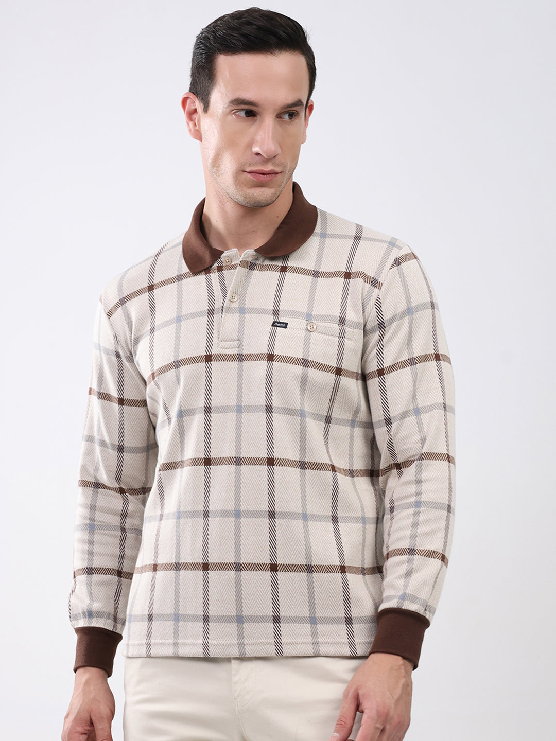 Men Brown Abstract Collar Full Sleeve Winter T-Shirt